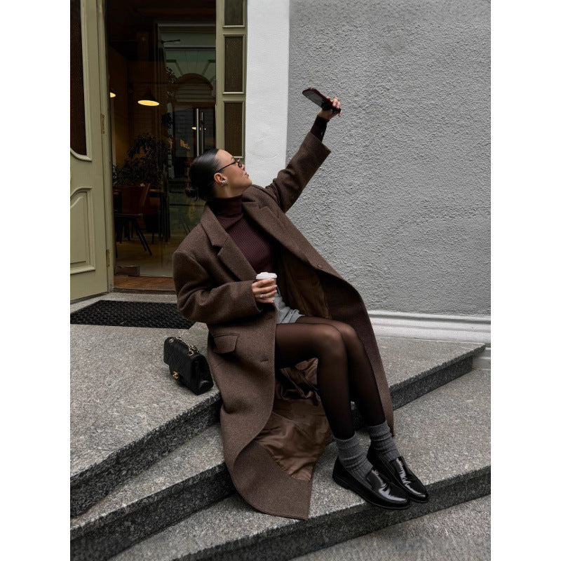 Korean Style Elegant Suit Collar Woolen Overcoat Coat