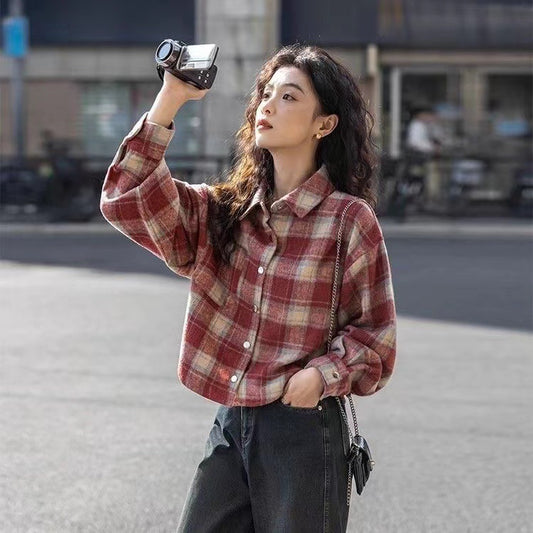 Retro Brushed Loose Plaid Short Long Sleeve Coat