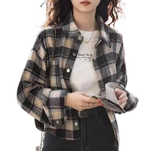 Retro Brushed Loose Plaid Short Long Sleeve Coat