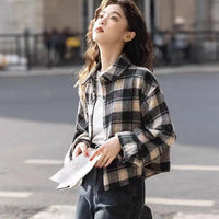 Retro Brushed Loose Plaid Short Long Sleeve Coat
