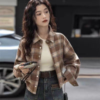 Retro Brushed Loose Plaid Short Long Sleeve Coat