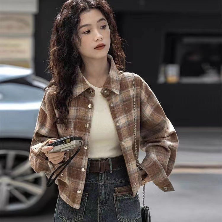 Retro Brushed Loose Plaid Short Long Sleeve Coat