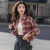 Retro Brushed Loose Plaid Short Long Sleeve Coat