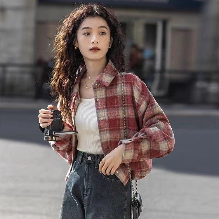 Retro Brushed Loose Plaid Short Long Sleeve Coat